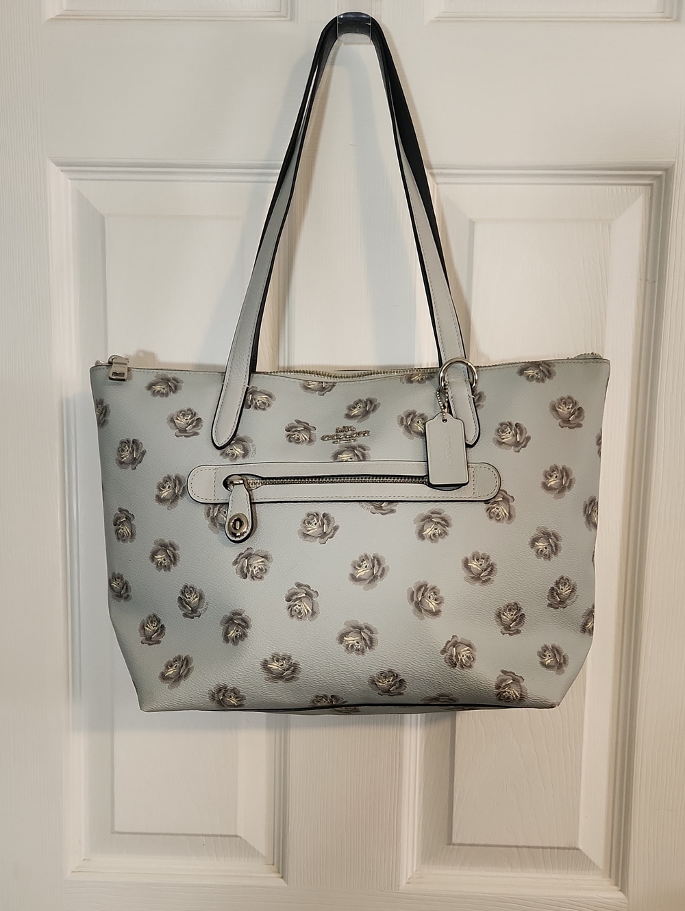 Coach Taylor Tote In Pale Blue with Metallic Rose Appliqués